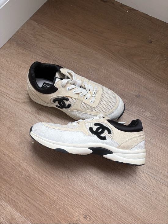 CHANEL Shoes - CHANEL Beige and Black CC Logo Sneakers